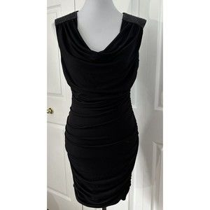 A. Buyer Black Ruched Cocktail Dress Sleeveless Beaded Strap Drape Neck Sz M EUC